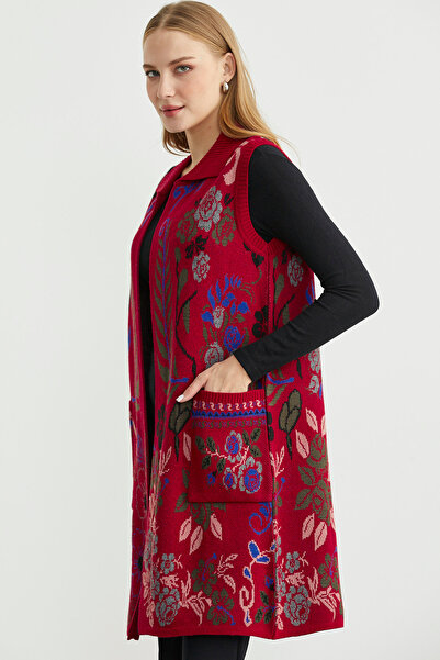 Sementa Кольоровий вовняний довгий трикотажний жилет з квітковим мотивом - червоний