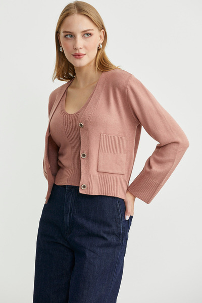Sementa Knitwear Cardigan Crop Two-Piece Set - Rose