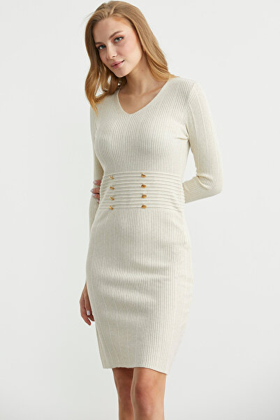 Sementa Düğme Detaylı V Yaka Triko Elbise - Taş