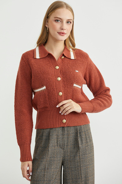 Sementa Polo Yaka Düğmeli Triko Hırka - Taba