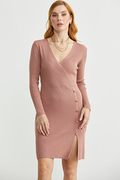 Sementa Kruvaze Düğme Detaylı Triko Elbise - Gül