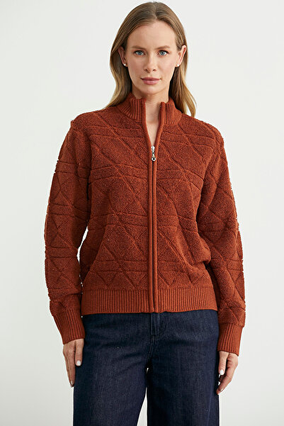 Sementa Geometric Patterned Zippered Wool Knit Cardigan - Tile