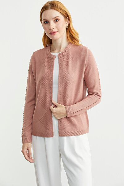 Sementa Round Neck Patterned Knitwear Cardigan - Rose