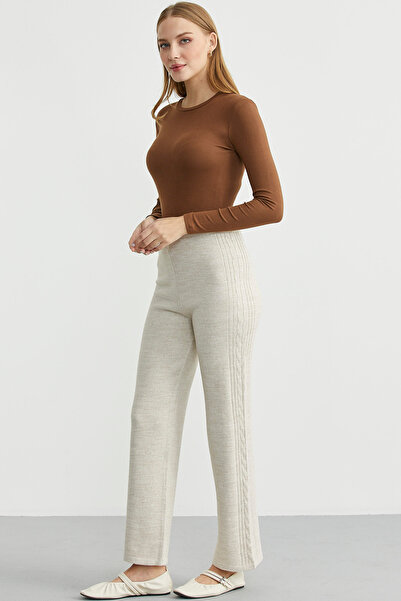 Sementa Comfortable Fit Knitwear Trousers with Side Motifs - Stone