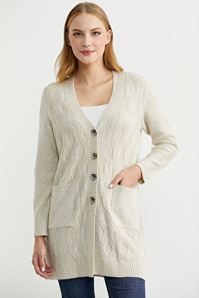 Sementa Cepli Uzun Yünlü Triko Hırka - Taş