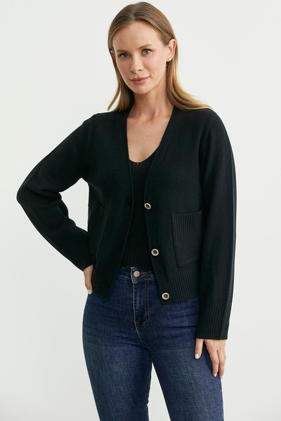 Sementa Knitwear Cardigan Crop Double Set - Black