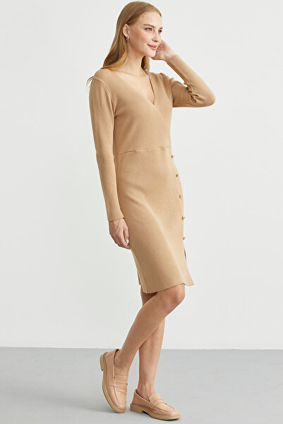 Sementa Double-Breasted Button Detailed Knitwear Dress - Camel
