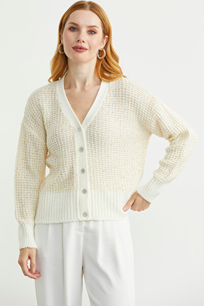 Sementa Payet Detaylı Yünlü Triko Hırka - Kemik