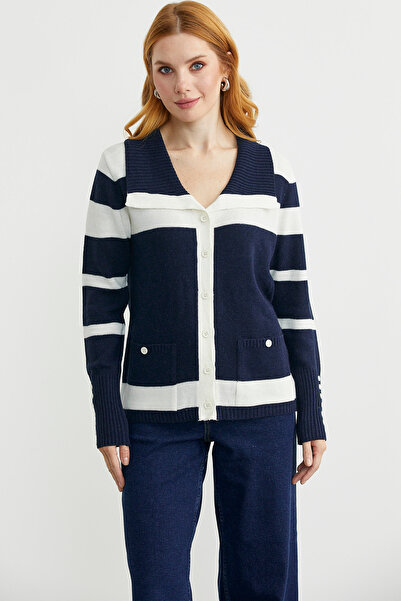 Sementa Şal Yaka Düğmeli Yün Triko Hırka - Lacivert