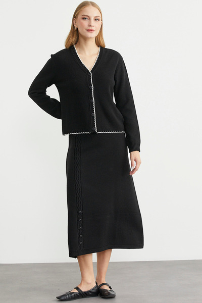 Sementa Flared Skirt Cardigan Knitwear Set - Black
