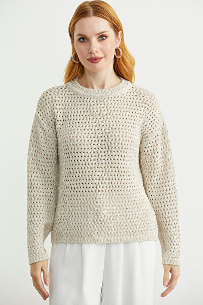 Sementa Payetli File Motif Triko Kazak - Taş