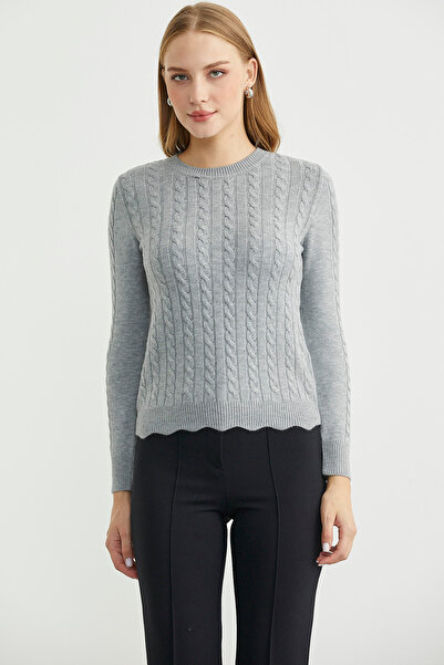 Sementa Dilimli Saç Örgülü Triko Kazak - Gri