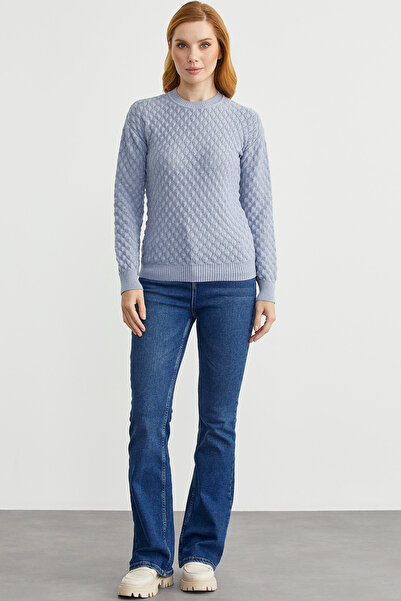 Sementa Patterned Crew Neck Knit Sweater - Blue