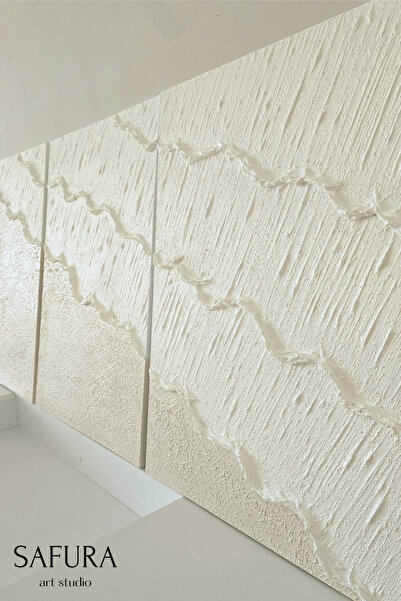 Safura Art Studio Dokulu Tablo – El Yapımı 3 Boyutlu Alçı Minimalist Doku, Soyut Modern Kabartma (Dalga No:2 - Üçlü)