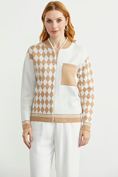 Sementa Zippered Diamond Motif Knitwear Cardigan - Camel