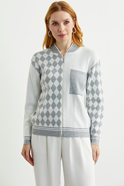 Sementa Zippered Diamond Motif Knitwear Cardigan - Gray