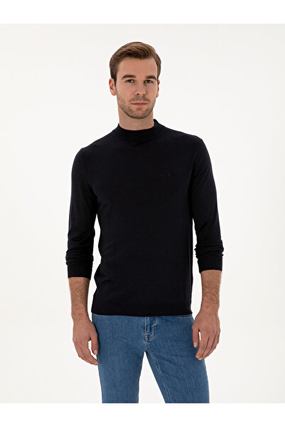 Cacharel Navy Blue Slim Fit Cashmere Silk Blended Quarter Turtleneck Knitwear...