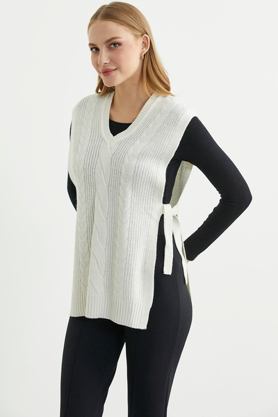 Sementa Wool Knit Sweater with Side Tie Detail - Bone