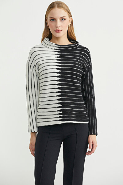 Sementa Dik Yaka Kontrast Triko Kazak - Kemik