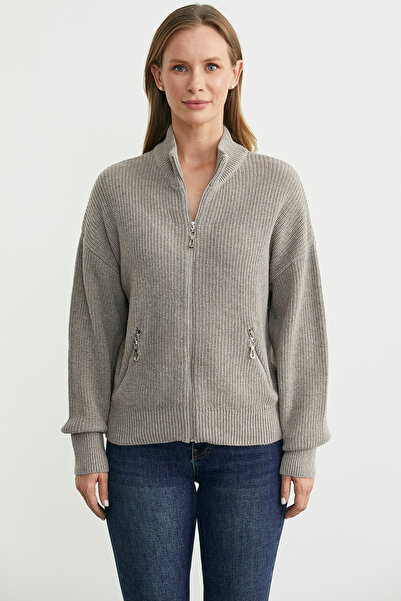 Sementa كارديجان تريكو بياقة عالية وسحاب من الصوف - بيج