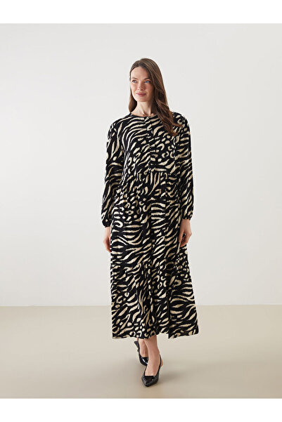 LC Waikiki Rochie neagră în linie A cu decolteu tip crewneck și imprimeu