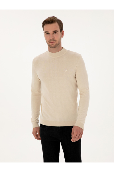 Cacharel Bej Slim Fit Pamuk Karışımlı Çeyrek Balıkçı Yaka Basic Triko Kazak 50318704-VR011