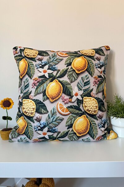 decofav Κάλυμμα μαξιλαριού με σχέδια λεμονιών και φύλλων 3D Punch Embroidery ...