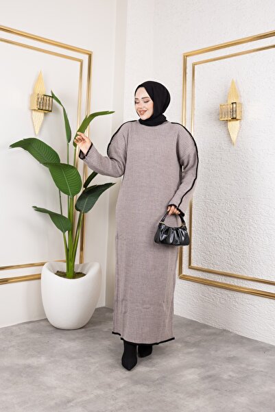 Eliva Women's Mink Shoulder Striped Winter Knitwear Hijab Dress