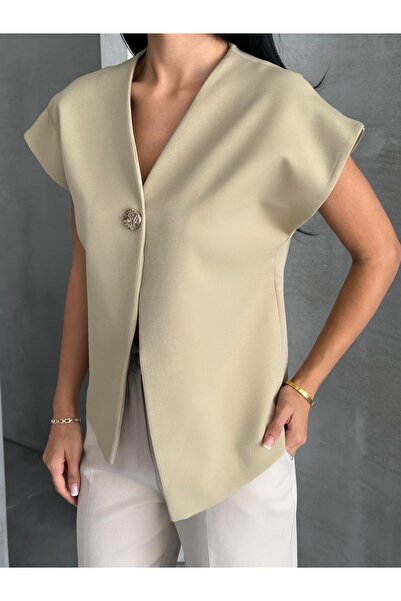 aytenli V-Neck Bat Sleeve Single Button Lined Asymmetric Cut Oversize Double Vest