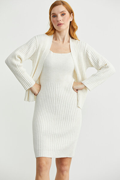 Sementa İkili Elbise Hırka Triko Takım - Kemik