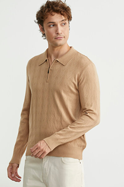 Sementa Zippered Polo Neck Knitwear Sweater - Beige