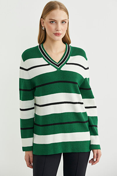 Sementa Çizgili V Yaka Triko Kazak - Yeşil