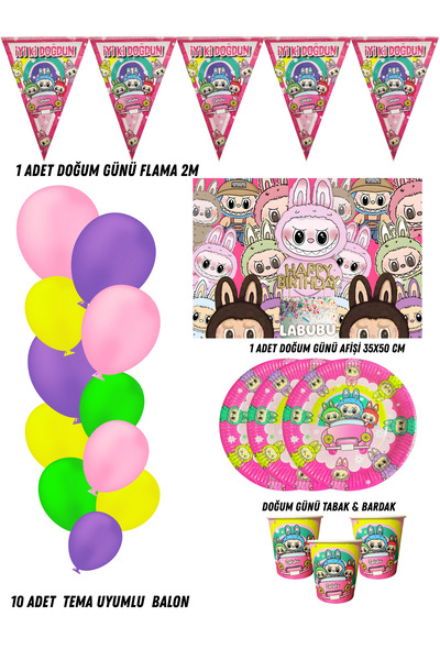 HAPPYLOOPPARTY Labubu Lafufu 8 Kişilik Doğum Günü Parti Malzemeleri Süsleri P...