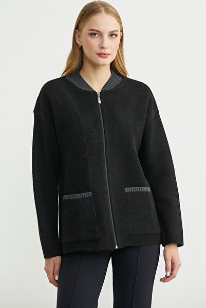 Sementa Wool Knit Jacket with Zipper Pocket Detail - Black