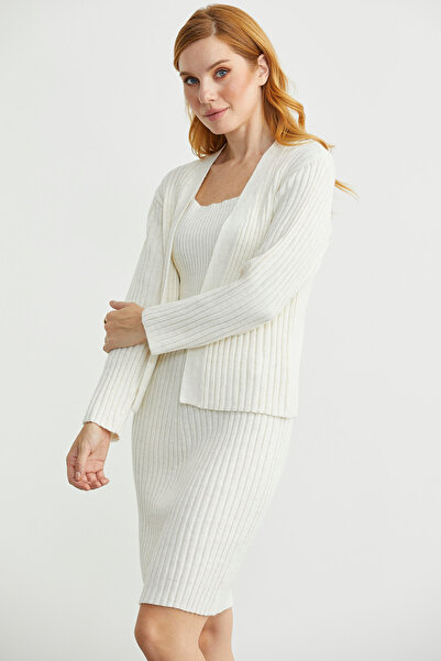 Sementa İkili Elbise Hırka Triko Takım - Kemik