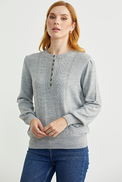 Sementa Half Button Round Neck Knitwear Sweater - Light Gray