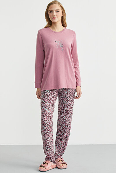 Sementa Yumoş Textured Leopard Patterned Winter Pajamas - Dusty Rose