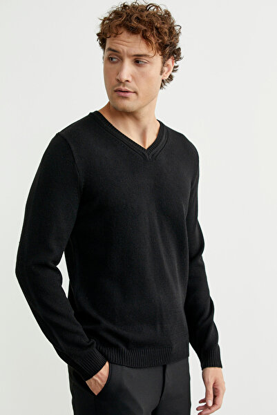 Sementa V-Neck Basic Knitwear Sweater - Black