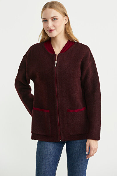 Sementa Wool Knit Jacket with Zipper Pocket Detail - Burgundy