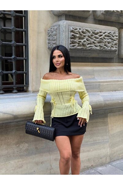 Friday Mood Women's Spanish Sleeve Madonna Collar Lace Detailed Knitwear Sweater