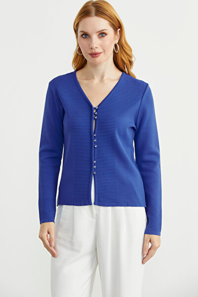 Sementa Düğme Kapamalı V Yaka Triko Hırka - Mavi