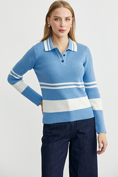 Sementa Polo Yaka Fitilli Triko Kazak - Mavi