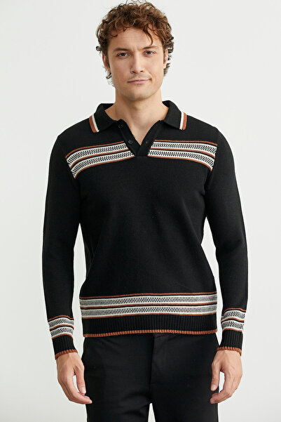 Sementa Polo Neck Kilim Patterned Knitwear Sweater - Black
