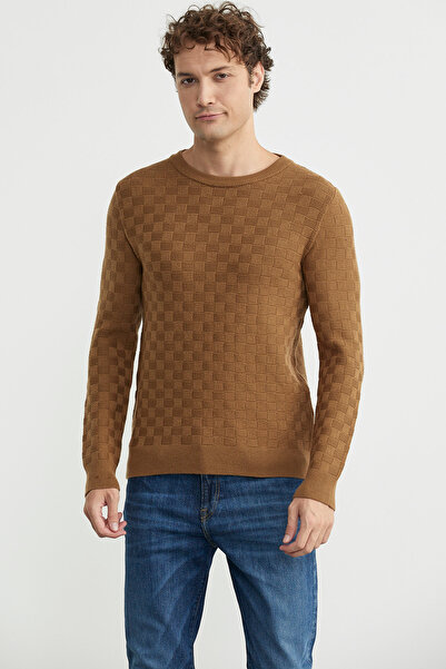 Sementa Patterned Crew Neck Knit Sweater - Camel