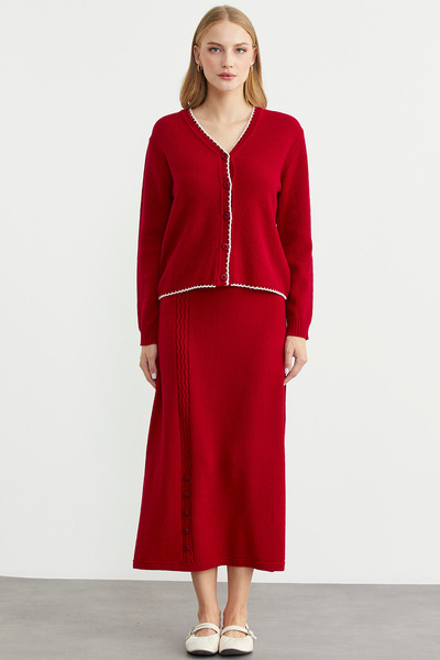 Sementa Flared Skirt Cardigan Knitwear Set - Red