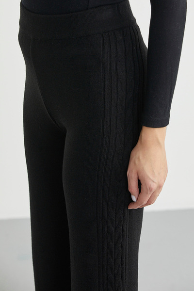 Sementa Yanı Motifli Rahat Kalıp Triko Pantolon - Siyah