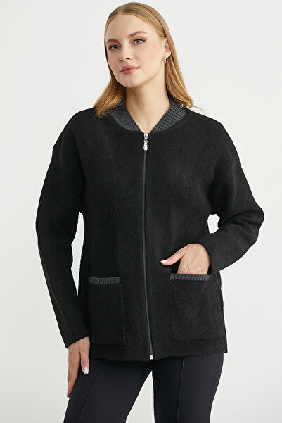 Sementa Wool Knit Jacket with Zipper Pocket Detail - Black