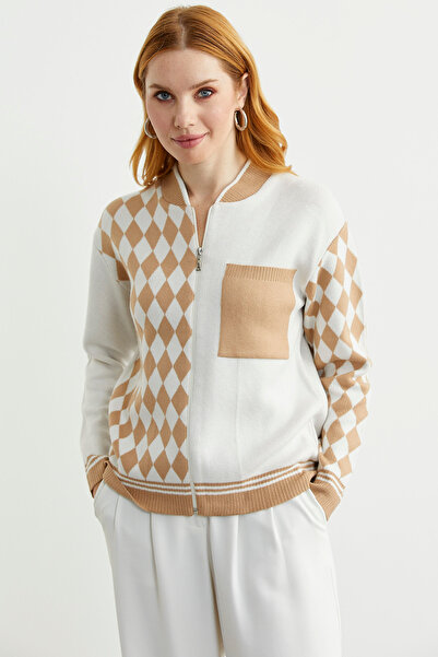 Sementa Zippered Diamond Motif Knitwear Cardigan - Camel
