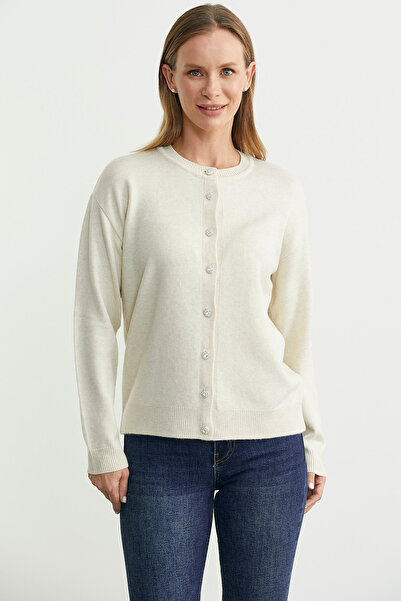 Sementa Cardigan tricotat cu decolteu cu guler rotund cu detaliu cu nasturi - Stone