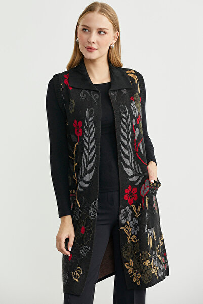 Sementa Кольоровий вовняний довгий трикотажний жилет з квітковим мотивом - чорний